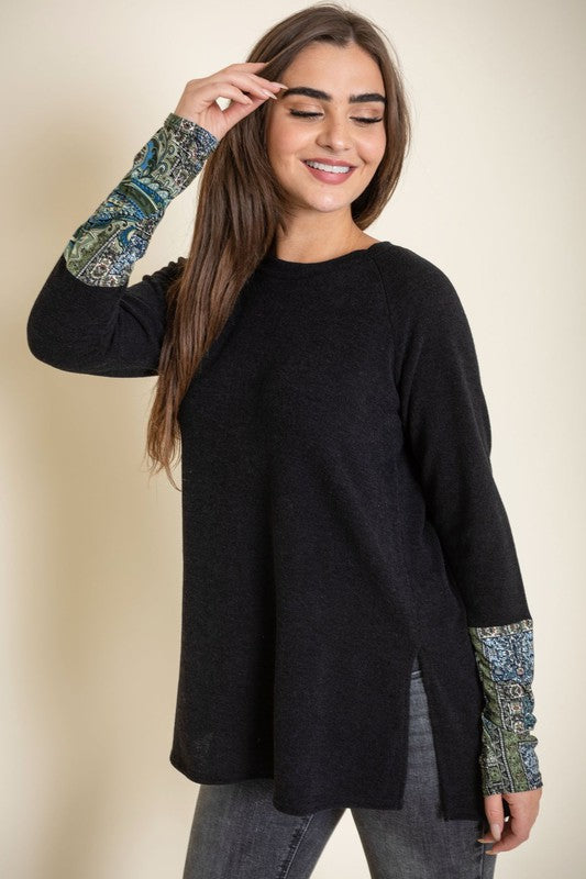 Knit Side Slit Paisley Cuff Tunic