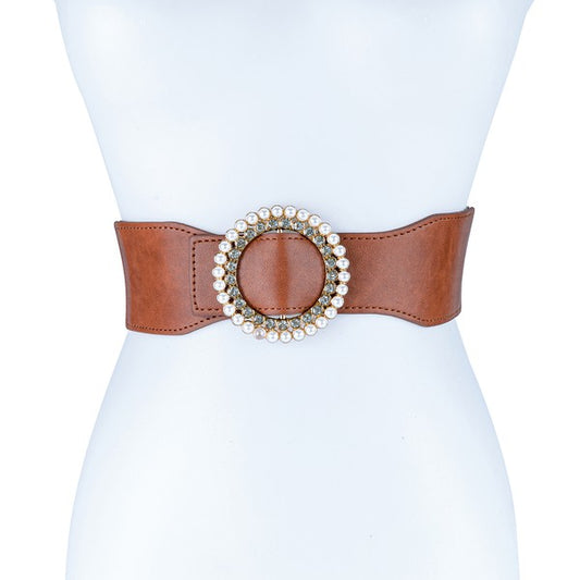 Pearl and Rhinestone Round Buckle Belt