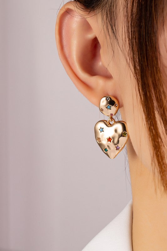 Puffy heart earrings with rhinestones stars