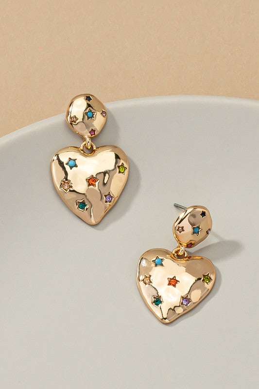 Puffy heart earrings with rhinestones stars