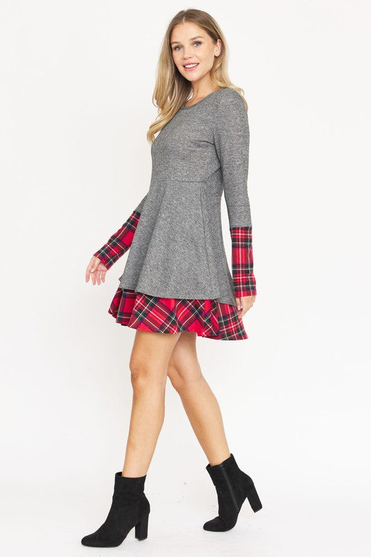 Made in USA - Terry Plaid Layered Fit And Flare Dress