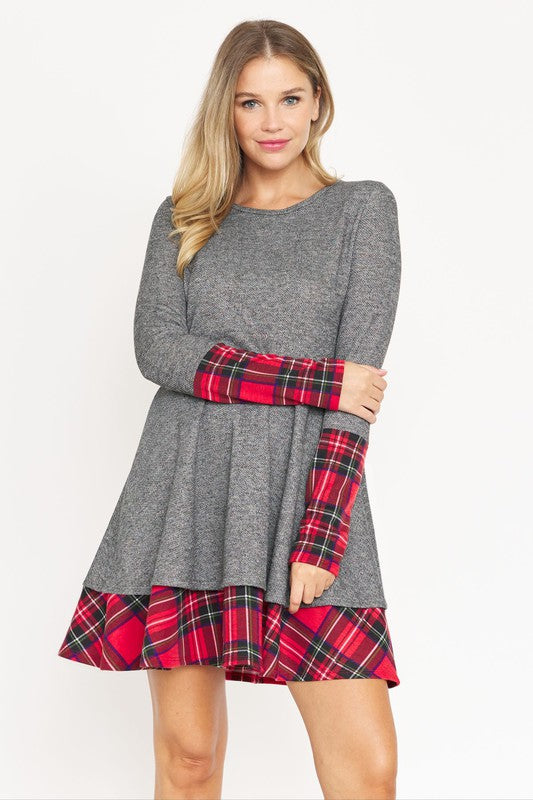 Made in USA - Terry Plaid Layered Fit And Flare Dress