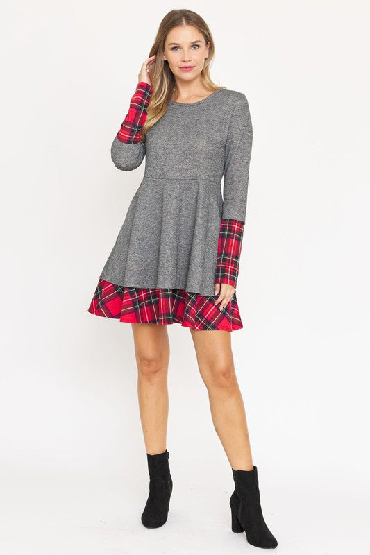 Made in USA - Terry Plaid Layered Fit And Flare Dress