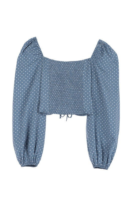 Ruched Polka Dot Crop Top with Puff Sleeves