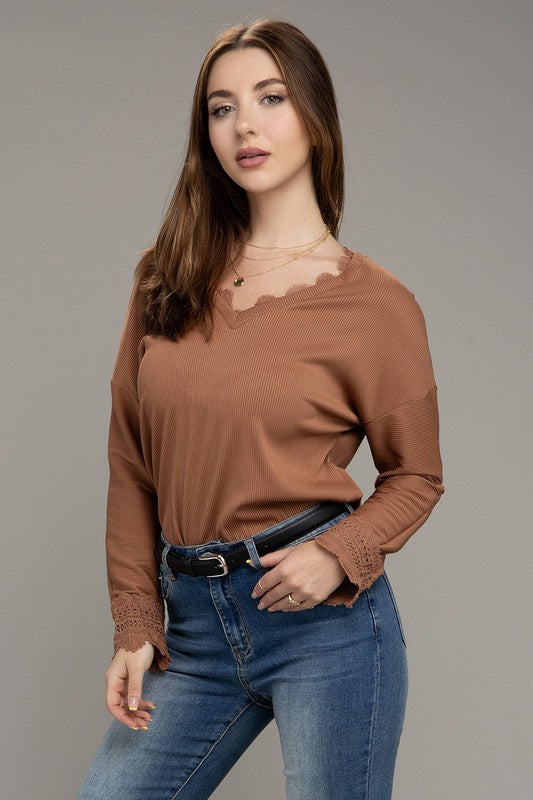 Lace Trim V Neck Long Sleeve Top