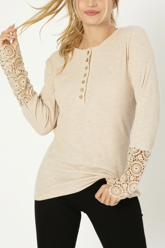 Henley Neck Tee with Lace Trim