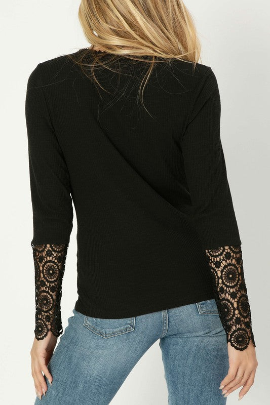 Henley Neck Tee with Lace Trim